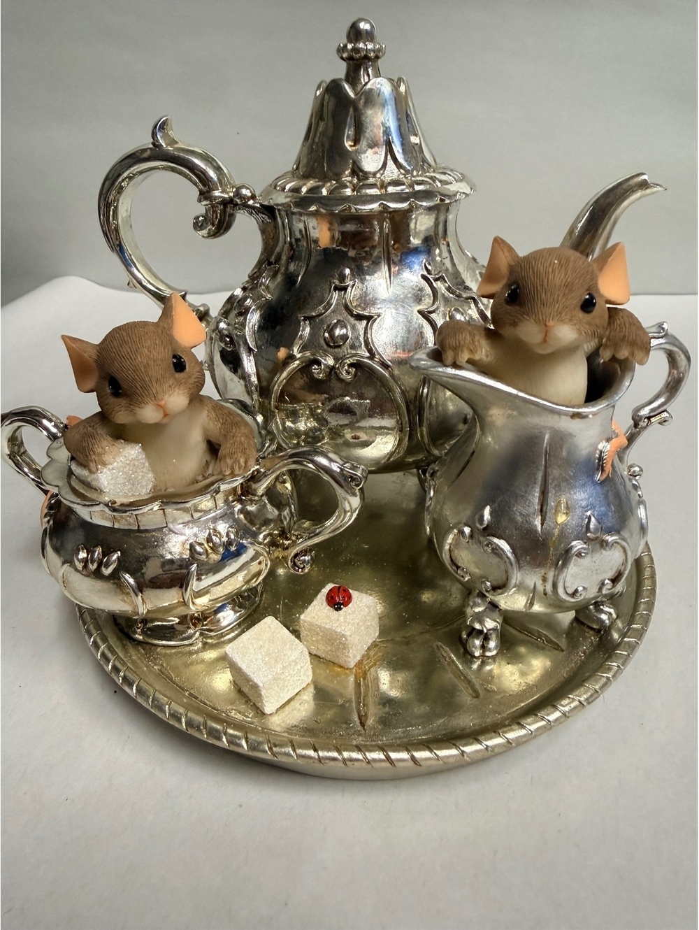 Charming Tails Silver Miniature Tea Set with Mice Figurines and Sugar Cub